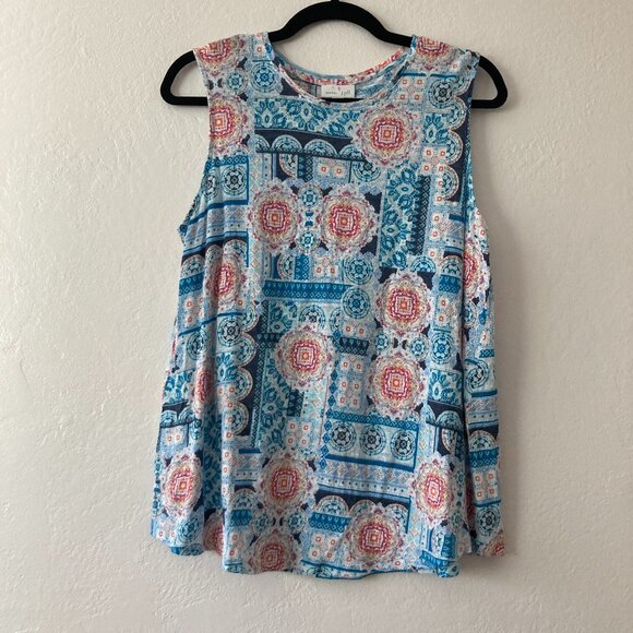 J Jill 100% Linen Patterned Tank Top Blue Boho Lagenlook Coastal Beach Medium - Picture 1 of 8